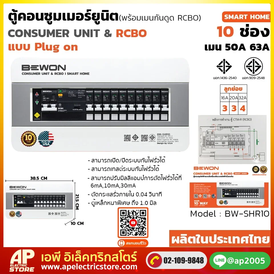 ตู้คอนซูมเมอร์ยูนิต กันดูด (Plug On) รุ่น SMART HOME 10 ช่อง