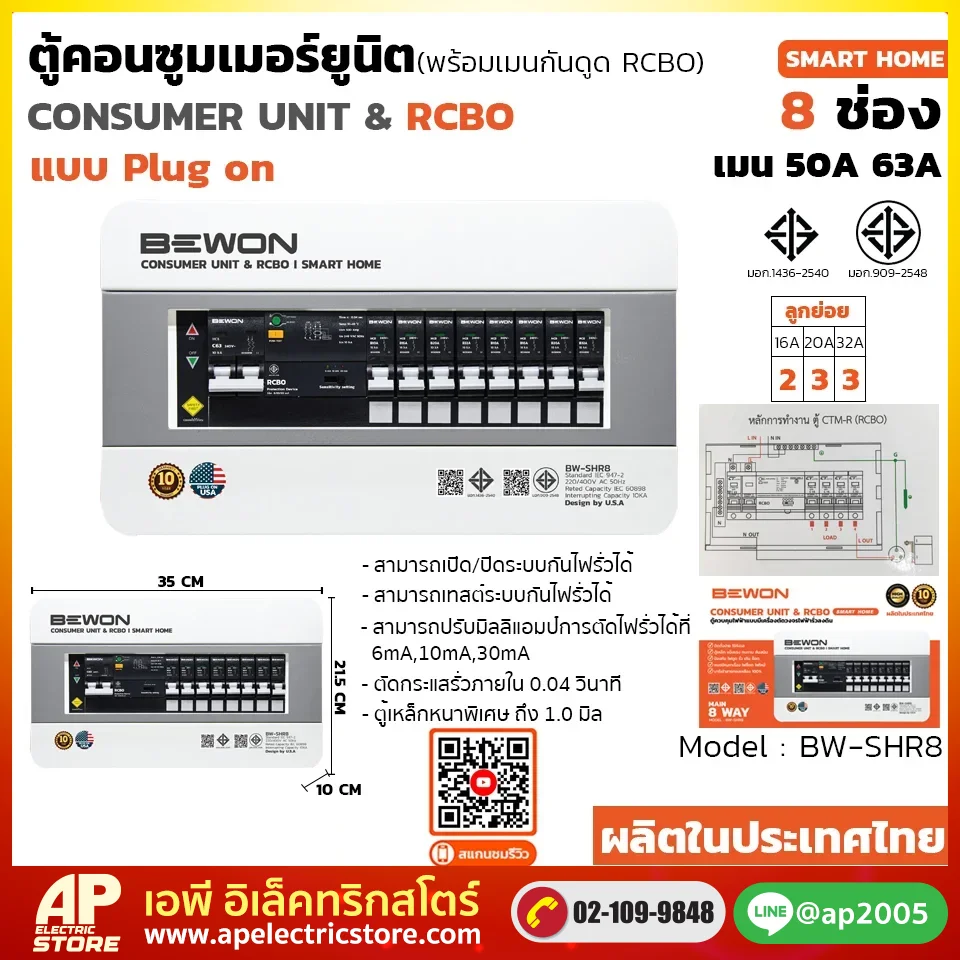 ตู้คอนซูมเมอร์ยูนิต กันดูด (Plug On) รุ่น SMART HOME 8 ช่อง
